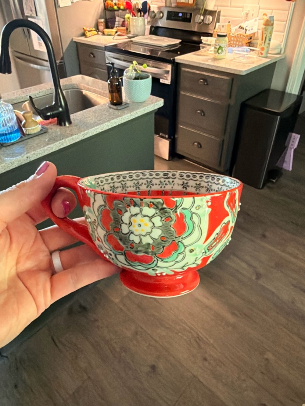 Anthropologie Red and Mint Floral Footed Ceramic Tea Cup